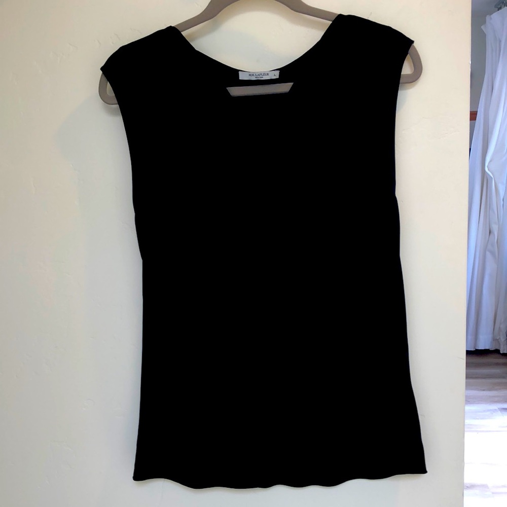 Mm LaFleur Black Nora Top, no sleeve, soft drape neck, size L